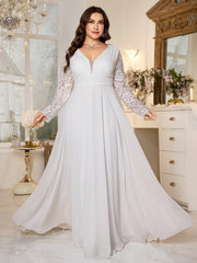 White Lace Long‑Sleeve High‑Waist A‑Line Plus‑Size Evening Gown