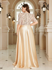 Champagne Gold Sequin Puff Sleeve High‑Waist A‑Line Maxi Gown