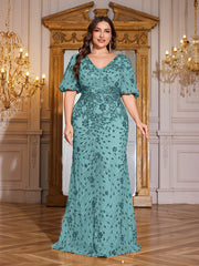 Navy Blue Sequin Puff Short Sleeve Mermaid Plus Size Evening Gown