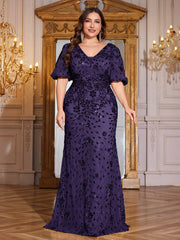 Navy Blue Sequin Puff Short Sleeve Mermaid Plus Size Evening Gown