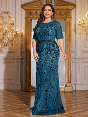 Teal Green Sequin Short Sleeve Mermaid Plus Size Evening Gown