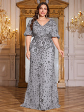 Navy Blue Sequin Puff Short Sleeve Mermaid Plus Size Evening Gown