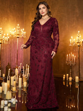 Burgundy Floral Embroidery Sequin Deep‑V Long‑Sleeve Plus‑Size Mermaid Evening Gown