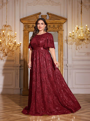 Rose Gold Sequin Flutter Sleeve Empire Waist A‑Line Plus Size Evening Gown