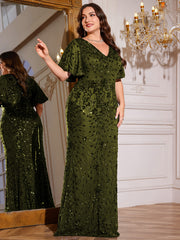 Royal Blue Sequin Flutter Sleeve Mermaid Evening Gown
