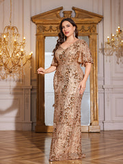 Champagne Gold Sequin Flutter Sleeve Mermaid Plus Size Evening Gown