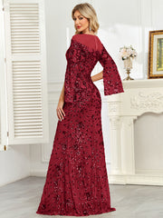 Royal Blue Sequin Split Flare‑Sleeve Mermaid Evening Gown