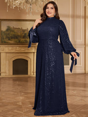 Champagne Bronze Floral Sequin Asymmetric Sleeve Mermaid Evening Gown