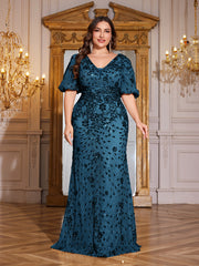 Navy Blue Sequin Puff Short Sleeve Mermaid Plus Size Evening Gown