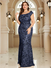 Navy Blue Floral Sequin Off‑Shoulder Sheath Maxi Gown