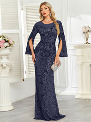 Royal Blue Sequin Split Flare‑Sleeve Mermaid Evening Gown