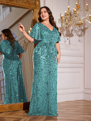 Royal Blue Sequin Flutter Sleeve Mermaid Evening Gown