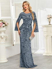Royal Blue Sequin Split Flare‑Sleeve Mermaid Evening Gown