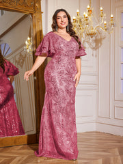 Rose Gold Sequin Ruffle Sleeve Mermaid Evening Gown