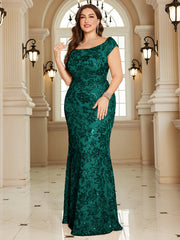 Navy Blue Floral Sequin Off‑Shoulder Sheath Maxi Gown