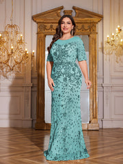 Teal Green Sequin Short Sleeve Mermaid Plus Size Evening Gown