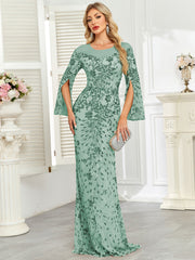 Royal Blue Sequin Split Flare‑Sleeve Mermaid Evening Gown