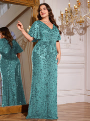 Royal Blue Sequin Flutter Sleeve Mermaid Evening Gown