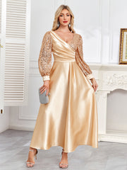 Champagne Satin Sequin Lantern Sleeve A‑Line Evening Gown
