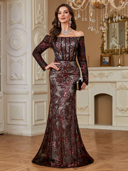 Burgundy Sequin Corset Off Shoulder Mermaid Evening Gown