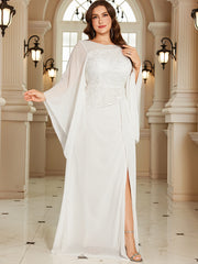 White Lace Cape‑Sleeve High‑Waist Slit A‑Line Maxi Gown