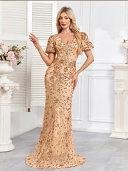 Champagne Gold Sequin Embellished V-Neck Mermaid Evening Gown