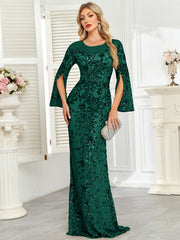 Royal Blue Sequin Split Flare‑Sleeve Mermaid Evening Gown