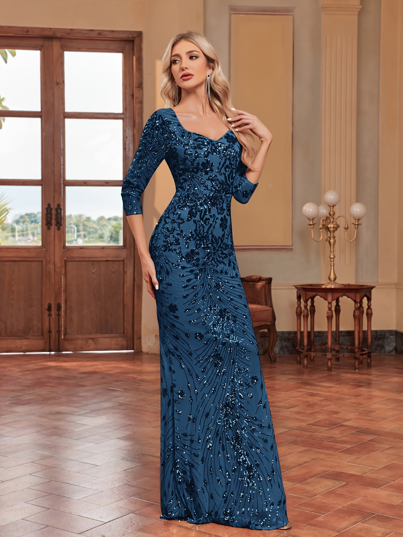 Sequin Decor Mermaid Bridesmaid Dress, Elegant Three-quarter Sleeve Slim Dress For Wedding Party | XUIBOL