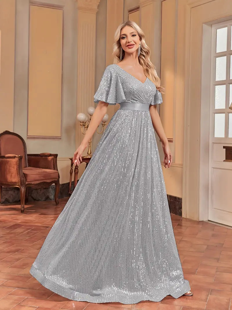 Flutter Sleeve A-line Sequin Dress | XUIBOL