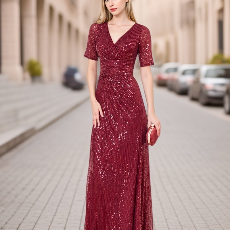 XUIBOL | Surplice Neck Sequin Bridesmaid Dress, Elegant Short Sleeve Dress For Wedding Party
