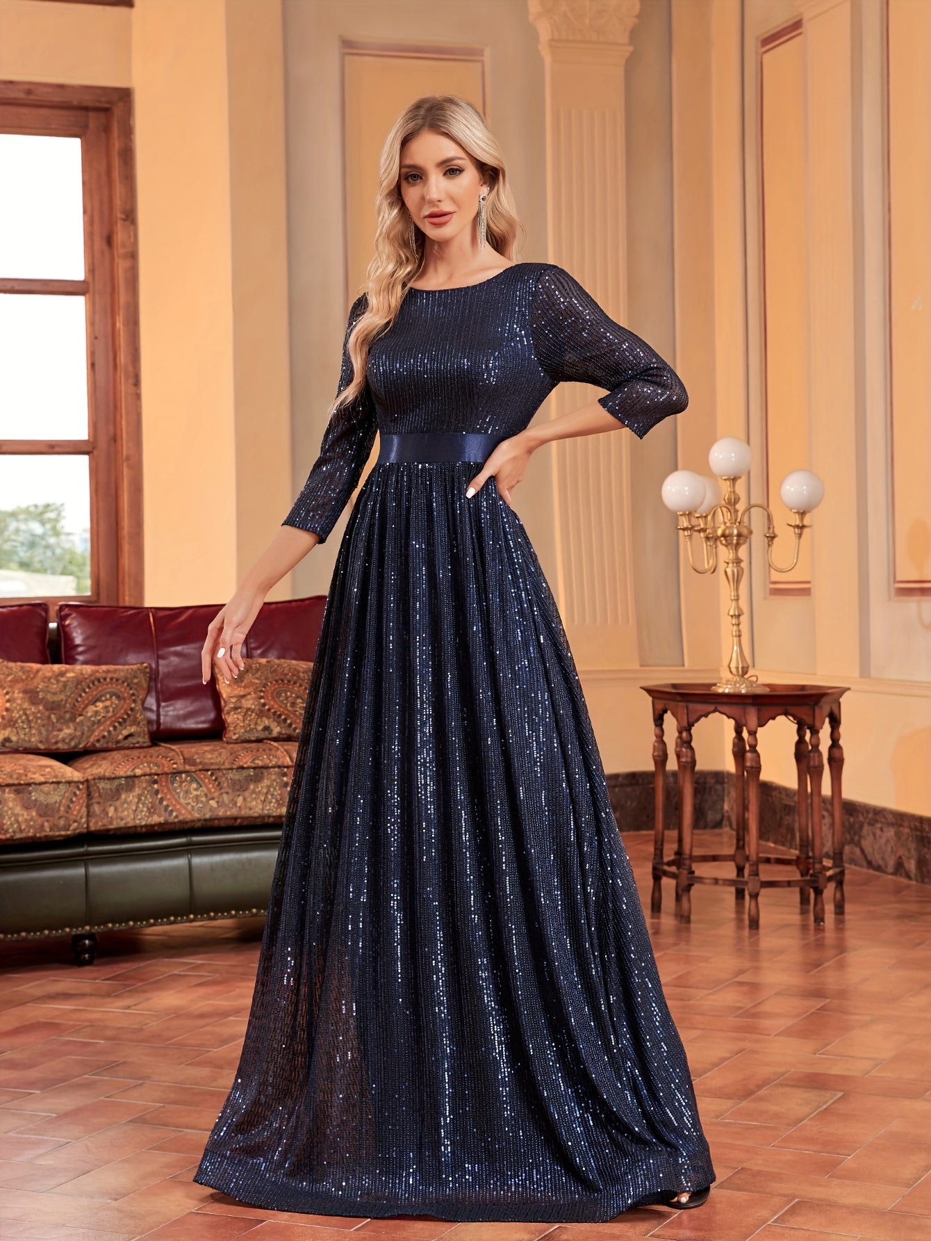 Three-quarter Sleeve Sequin Dress, Elegant Crew Neck Floor Length Dress | XUIBOL
