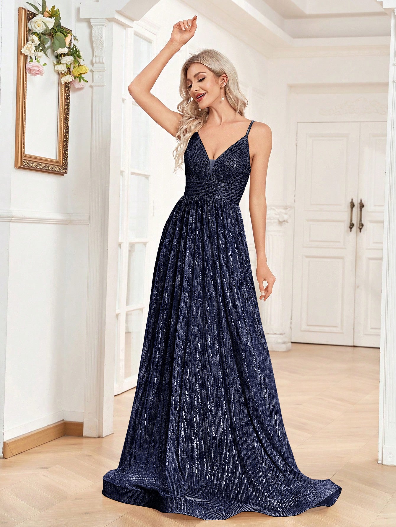 Sequined Bridesmaid Strap Dress, Elegant V-neck Floor Length Dress For Wedding Party | XUIBOL