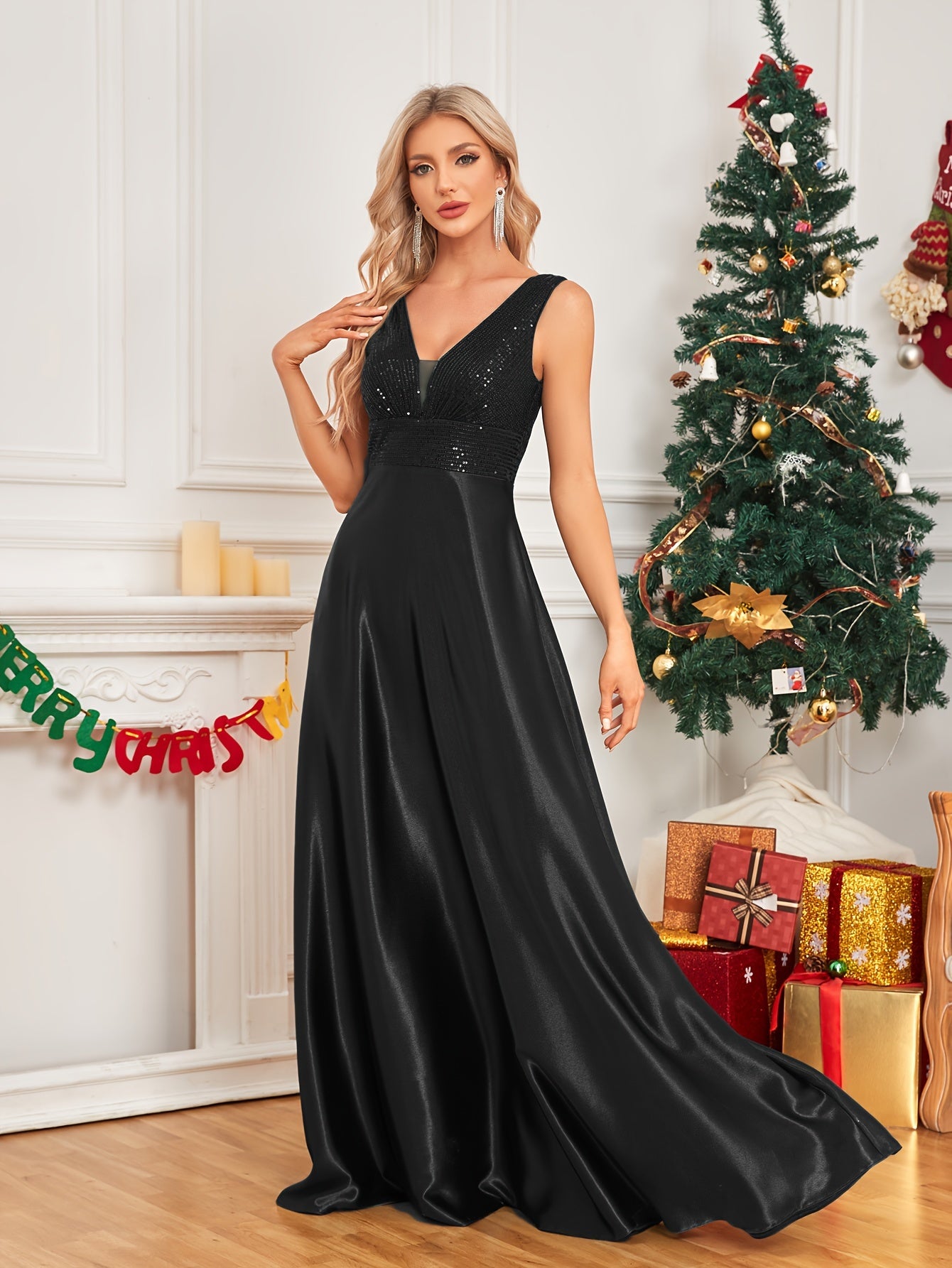 Sequin Sleeveless Bridesmaid Dress, Elegant V-neck Floor Length Dress For Wedding Party | XUIBOL