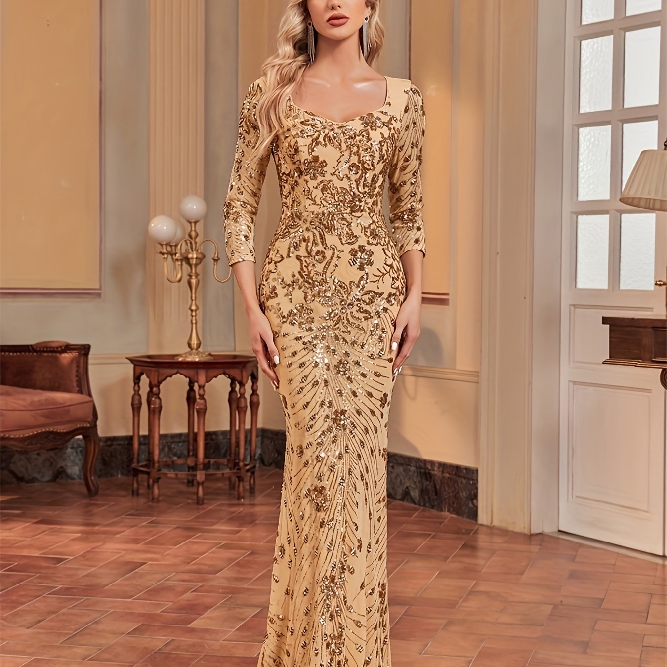 Sequin Decor Mermaid Bridesmaid Dress, Elegant Three-quarter Sleeve Slim Dress For Wedding Party | XUIBOL