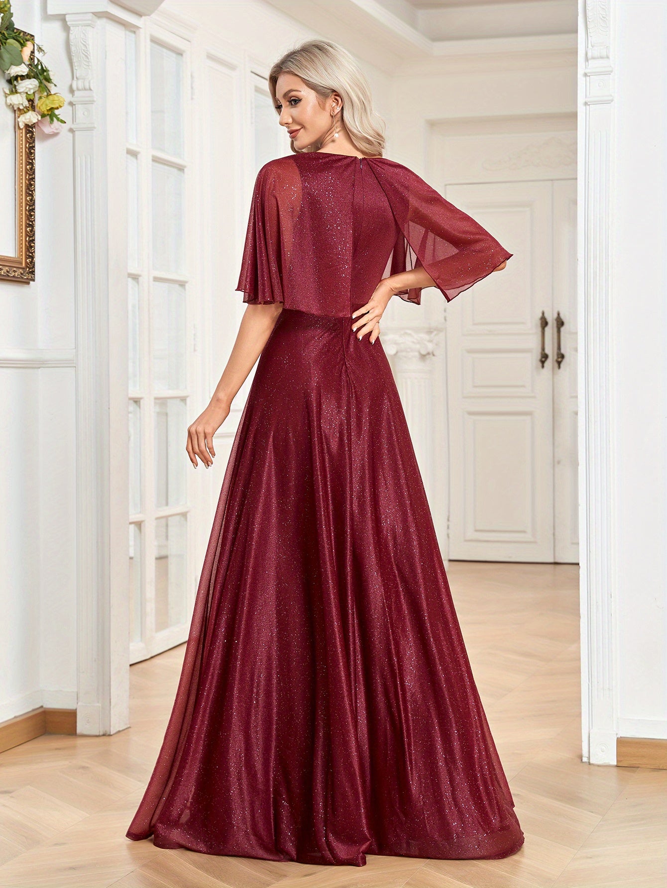 Cape Sleeve Sequin Bridesmaid Dress, Elegant Surplice Neck Floor Length Dress For Wedding Party | XUIBOL