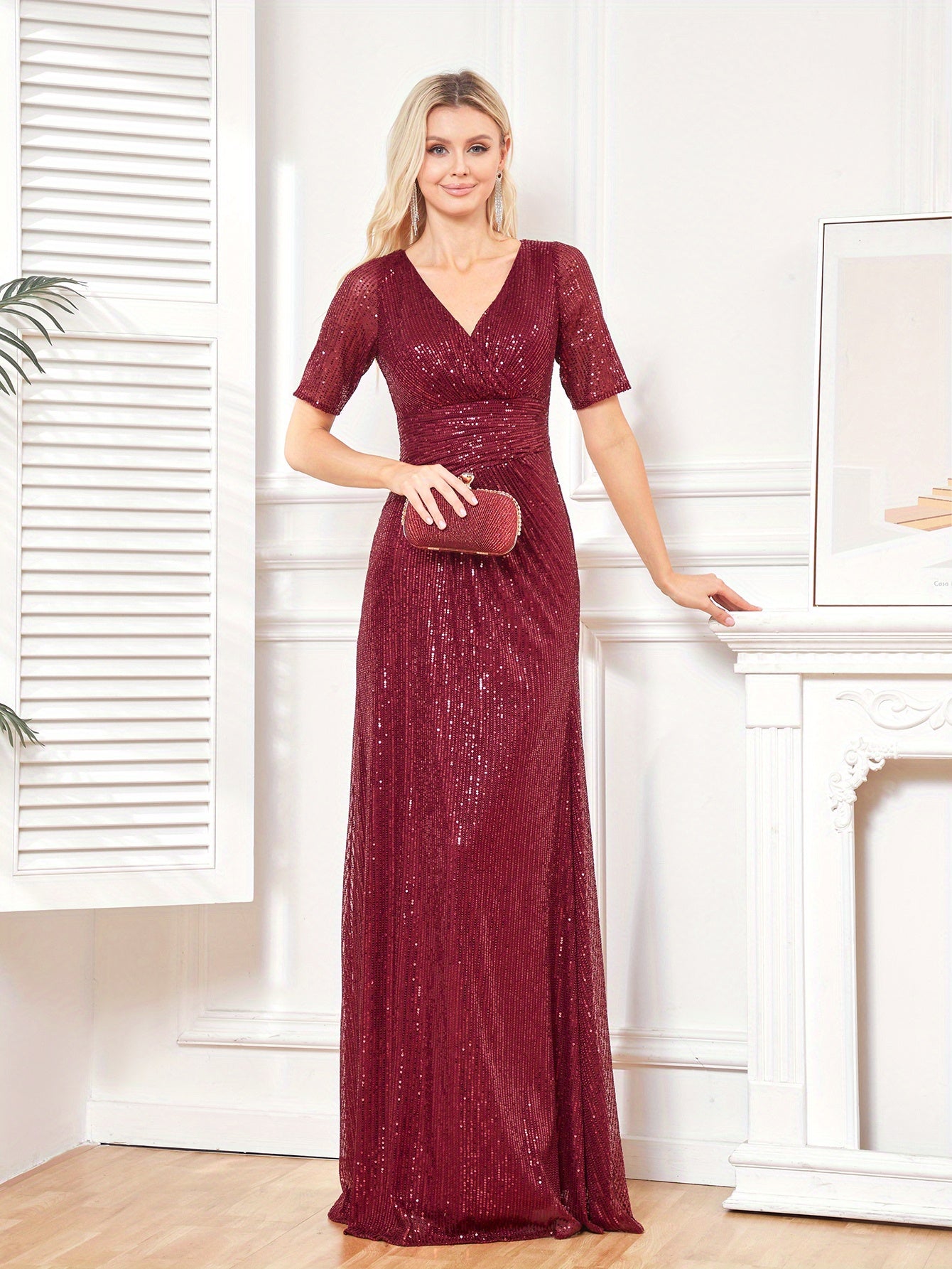 XUIBOL | Surplice Neck Sequin Bridesmaid Dress, Elegant Short Sleeve Dress For Wedding Party