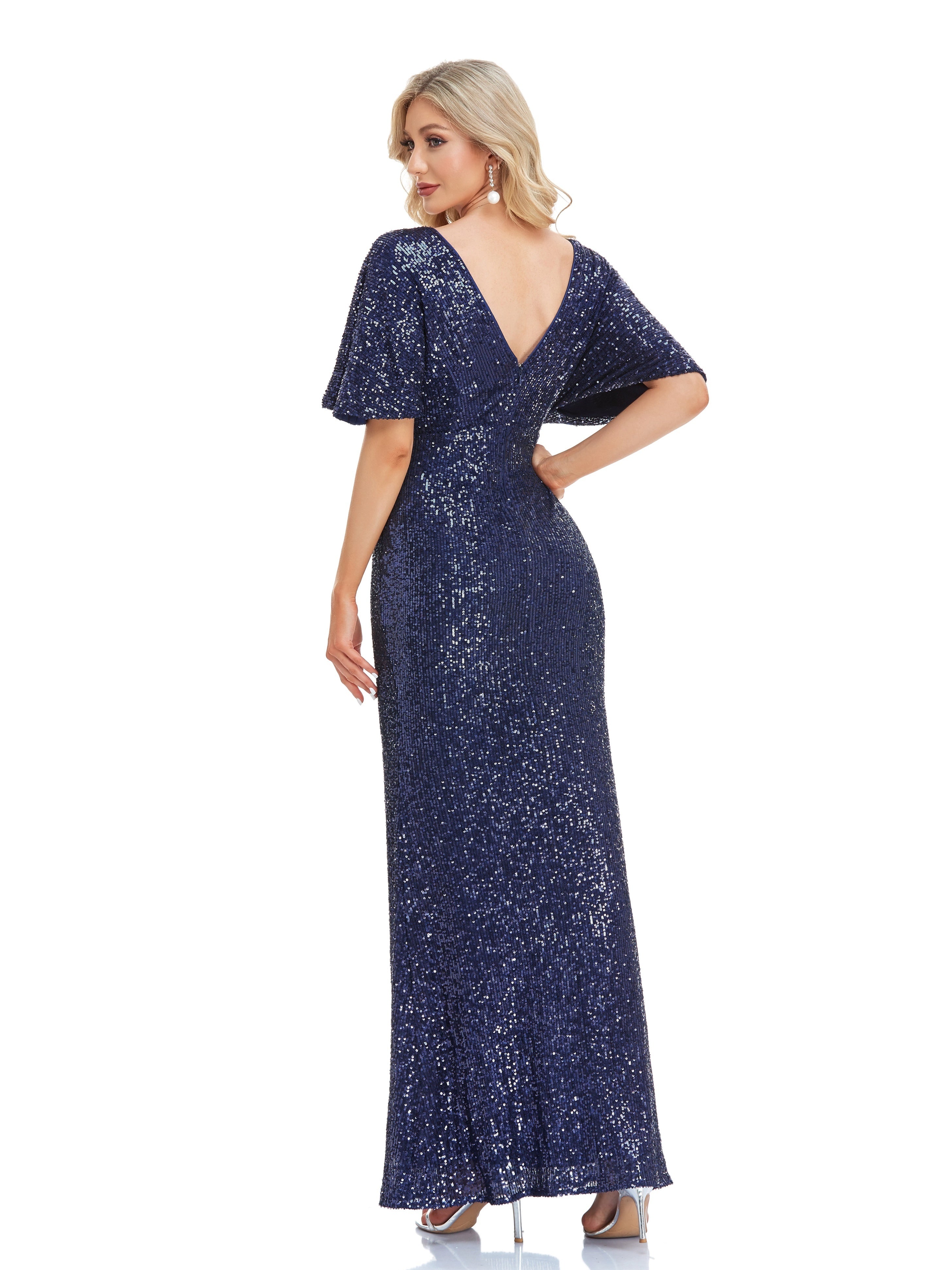 Solid Sequin Mother Of The Bride Dresses, Elegant Surplice Neck Short Sleeve Maxi Dress For Wedding Party | XUIBOL