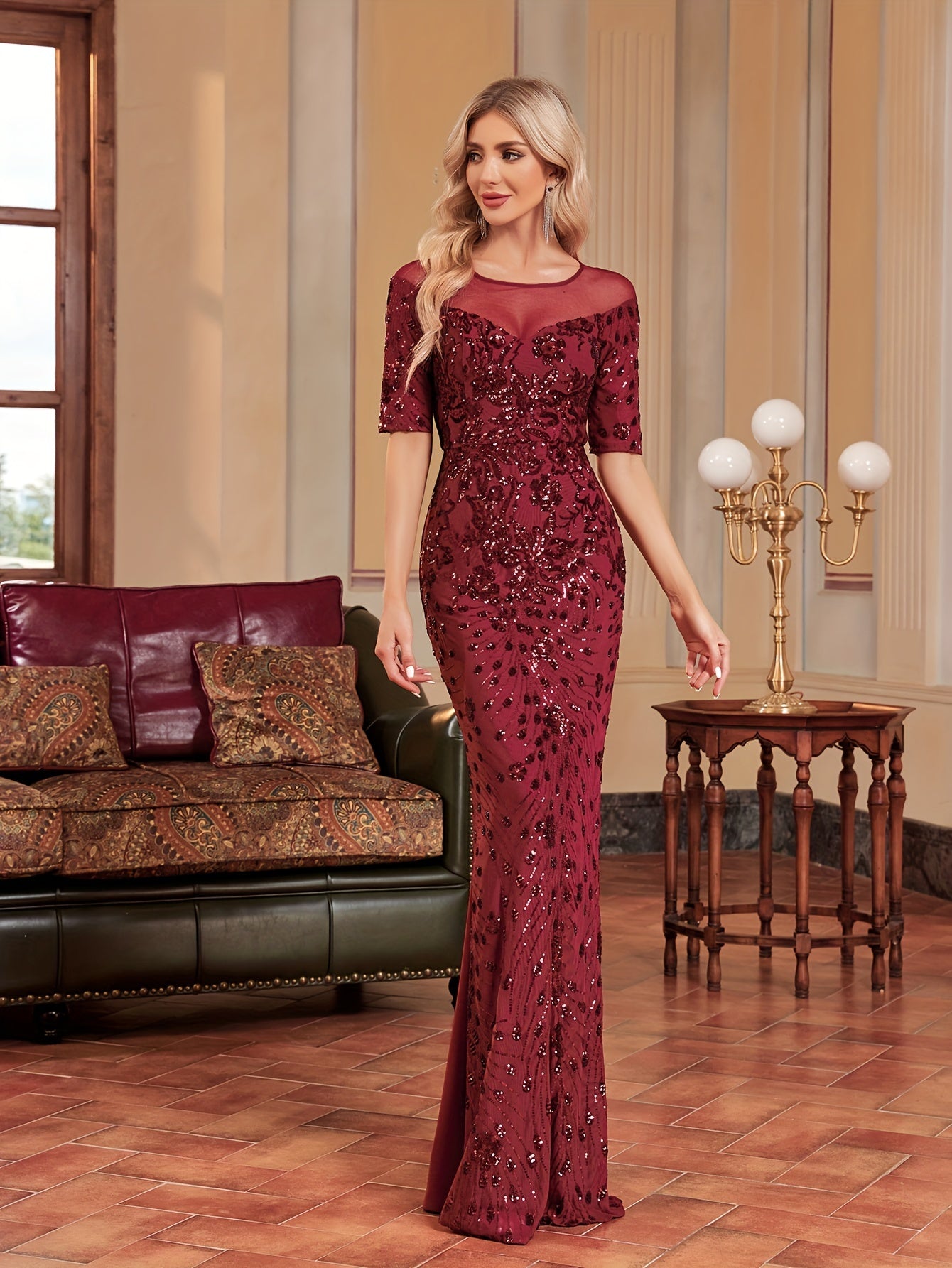 Sequin Illusion Neck Mermaid Dress | XUIBOL