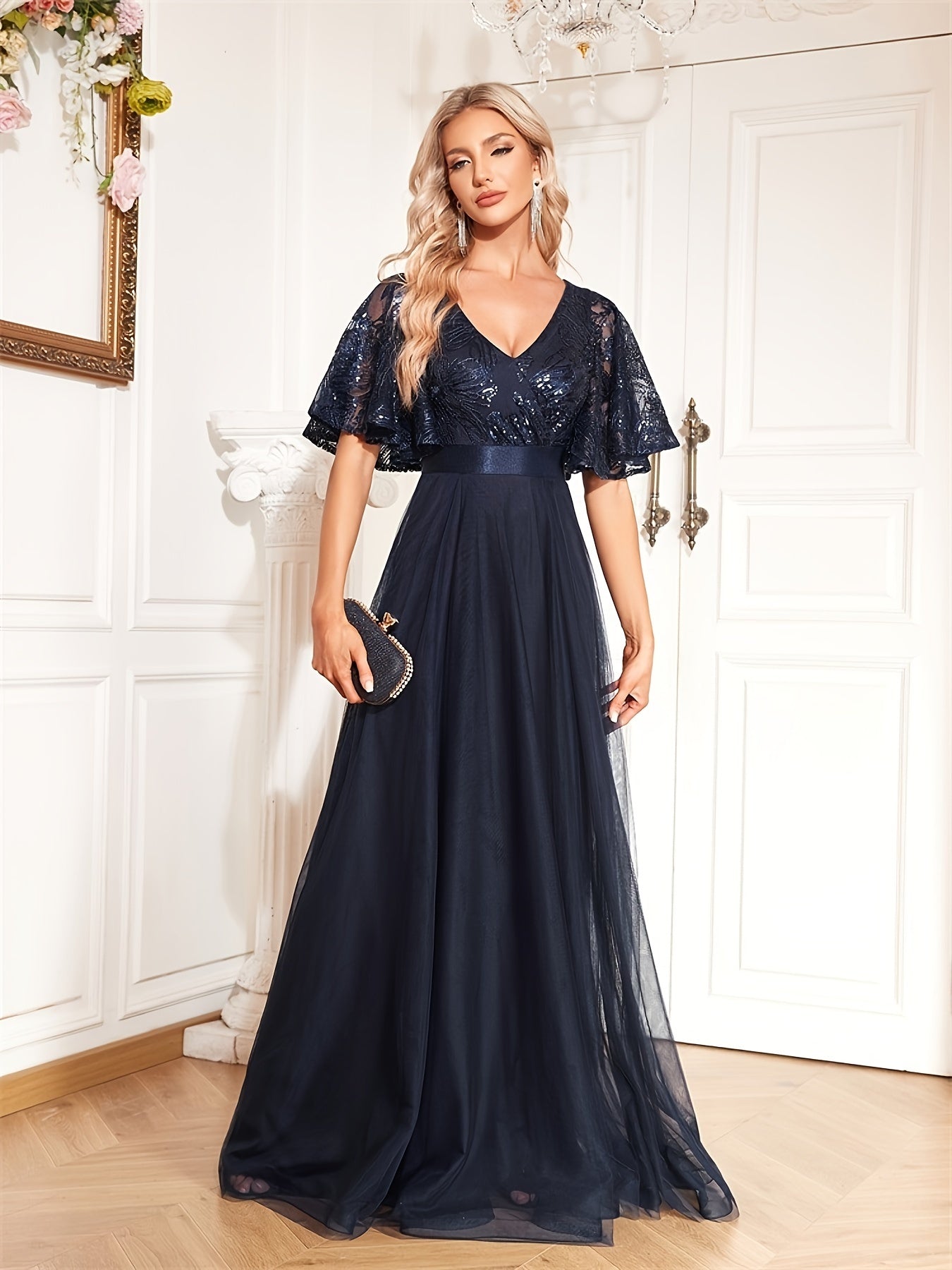Solid Sequin  Cut Out Bridesmaid Dress, Elegant V Neck Short Sleeve Long Length Lace Dress | XUIBOL
