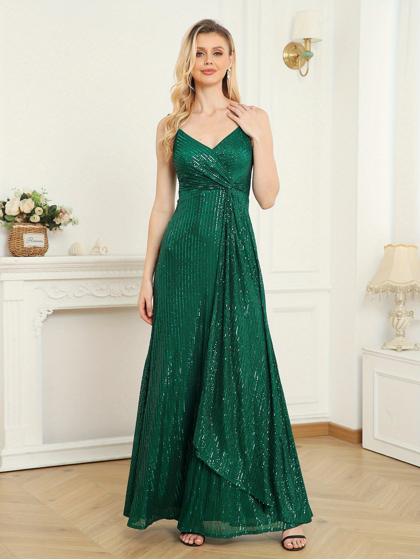 Sequined Bridesmaid Strap Dress, Elegant Surplice Neck Twist Front Dress For Wedding Party | XUIBOL