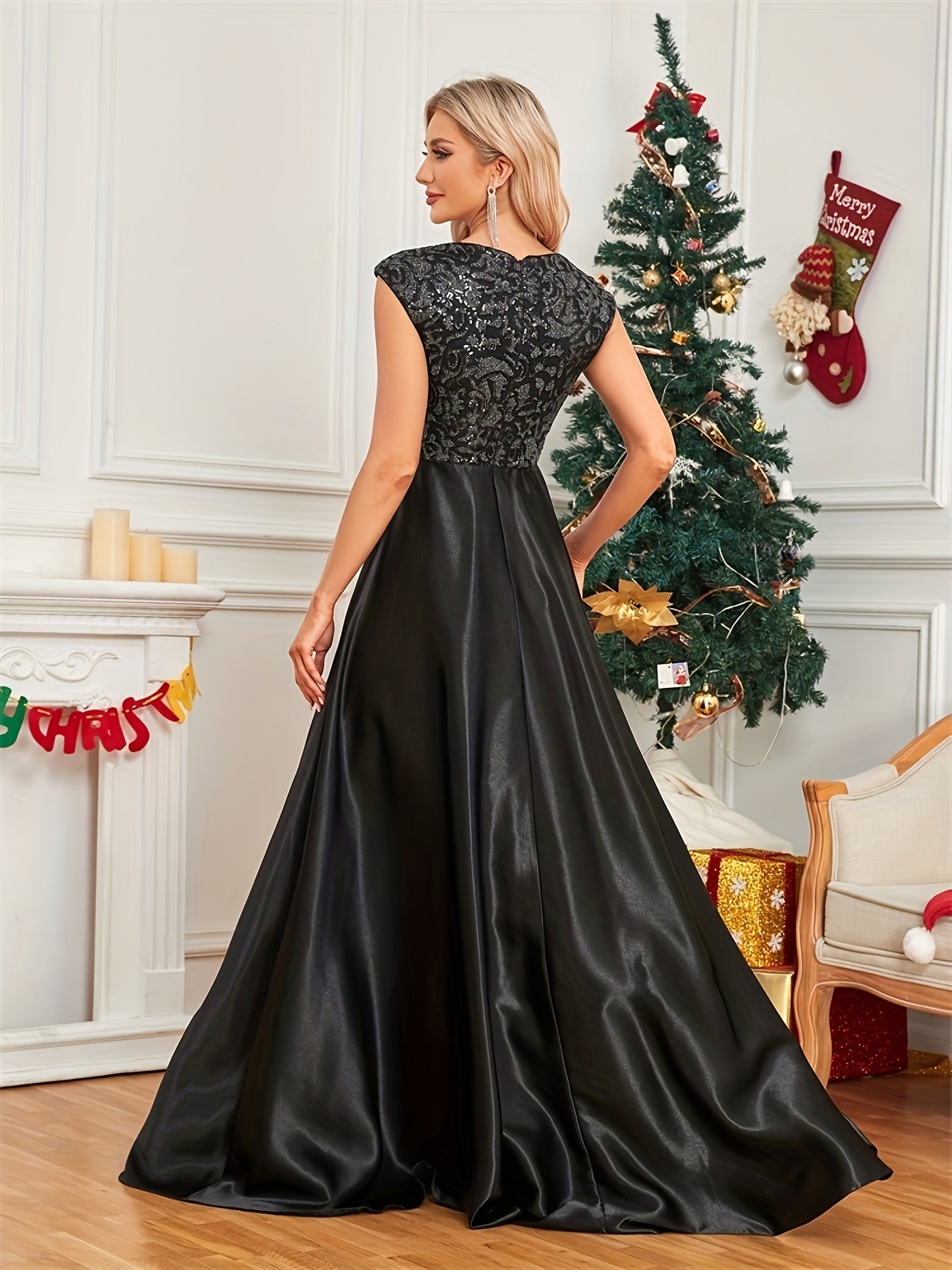 Cap Sleeve Embroidered Dress, Elegant V-neck Floor Length Dress For Wedding Party | XUIBOL