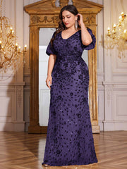 Navy Blue Sequin Puff Short Sleeve Mermaid Plus Size Evening Gown