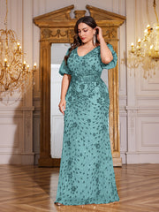 Navy Blue Sequin Puff Short Sleeve Mermaid Plus Size Evening Gown