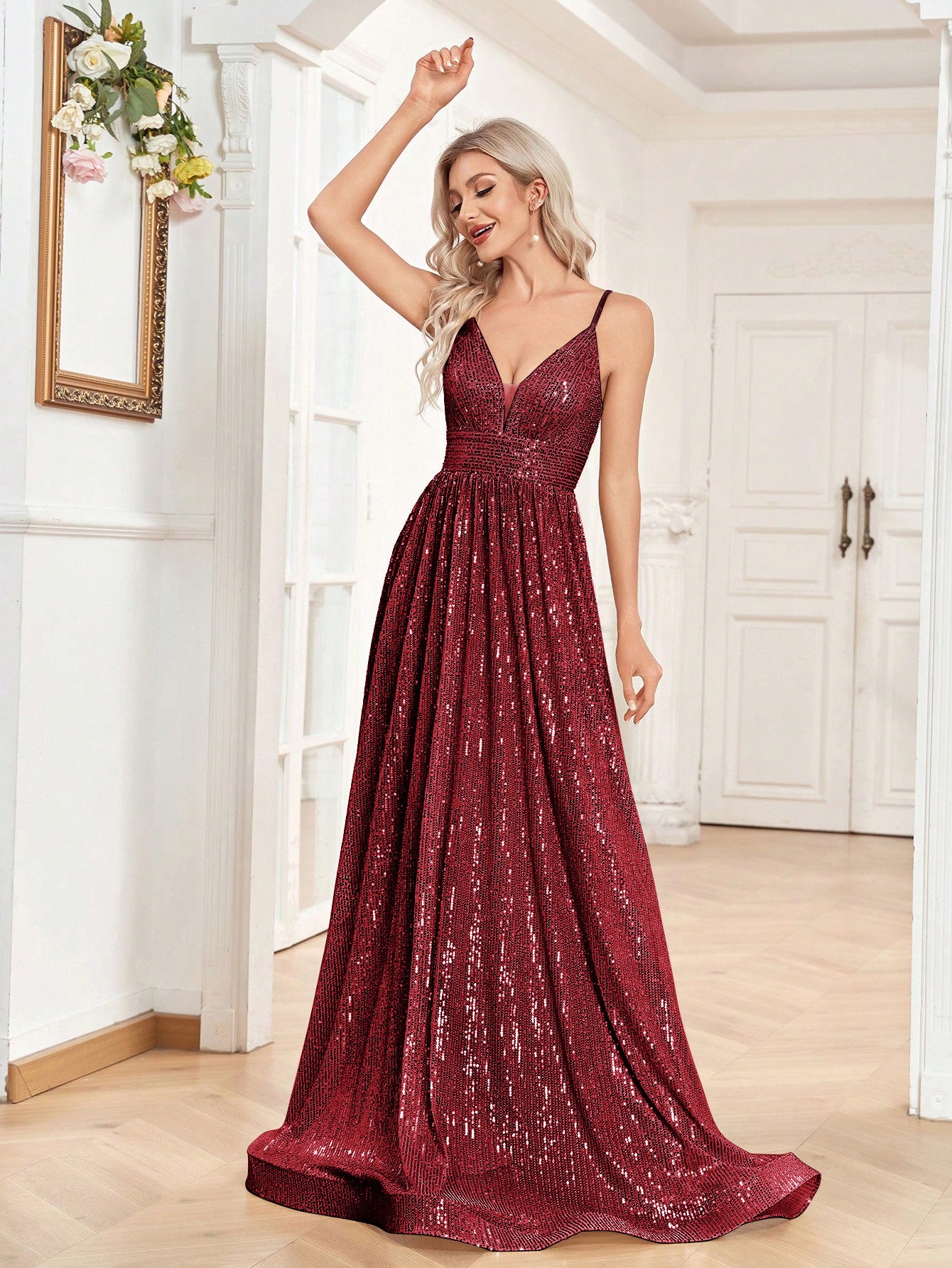 Sequined Bridesmaid Strap Dress, Elegant V-neck Floor Length Dress For Wedding Party | XUIBOL