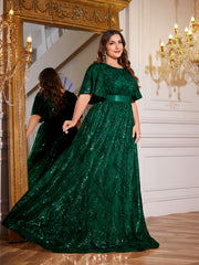 Rose Gold Sequin Flutter Sleeve Empire Waist A‑Line Plus Size Evening Gown