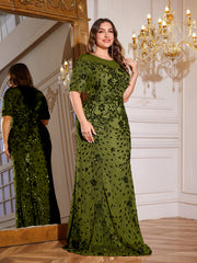 Teal Green Sequin Short Sleeve Mermaid Plus Size Evening Gown