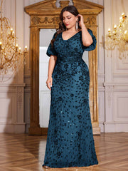 Navy Blue Sequin Puff Short Sleeve Mermaid Plus Size Evening Gown