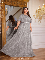 Rose Gold Sequin Flutter Sleeve Empire Waist A‑Line Plus Size Evening Gown