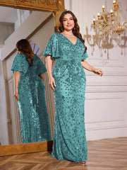 Royal Blue Sequin Flutter Sleeve Mermaid Evening Gown