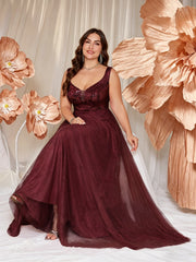 V-neck Long Sleeveless Sequined Embroidered Dress